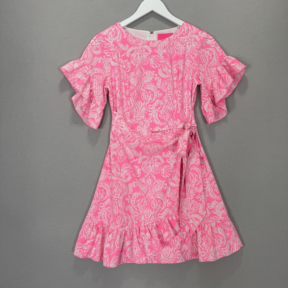 Lilly Pulitzer Darlah Stretch Dress Womens 00 Havana Pink Paisley Ruffle Wrap